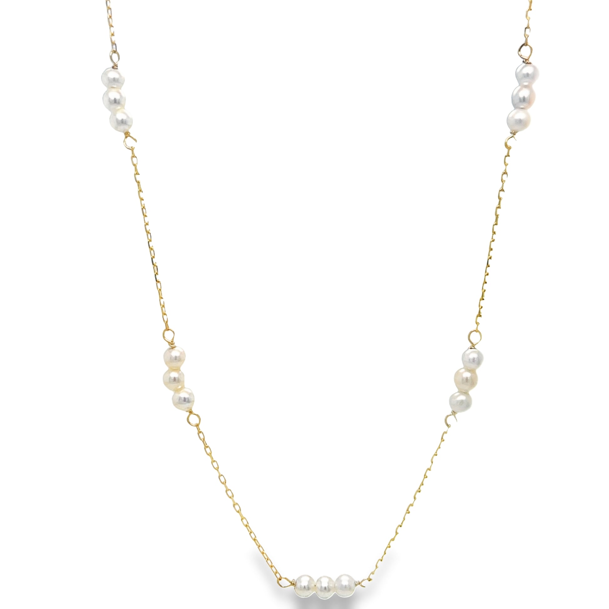 front view of 14k Yellow Gold Five Station Pearl Necklace 4.50 mm