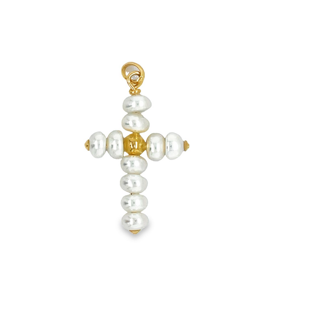 This pendant is crafted from 14K white gold and features a beautiful, cultured pearls set in the shape of a cross. Its secure gold bail ensures the pendant won't slip during everyday activities. Measuring 3/4" long, this elegant pendant makes a stylish accessory for children.