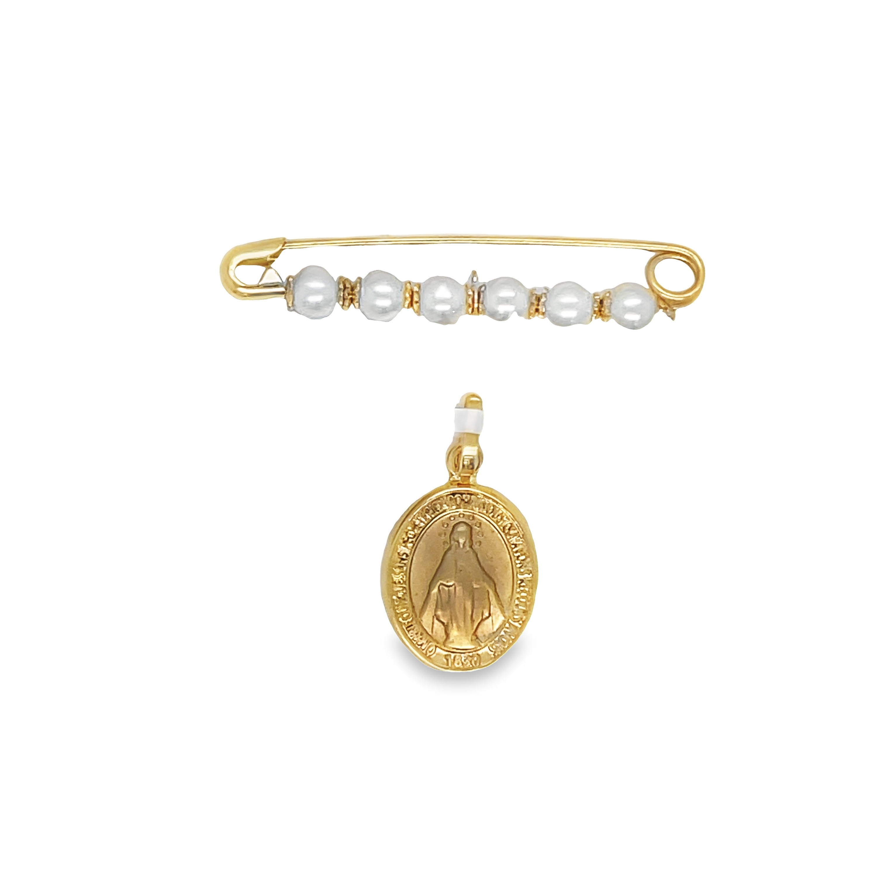 Elevate your style with our Gold Pearl Encrusted Safety Pin with Loop. Made of 14 karat yellow gold and beautiful pearls, this pin not only adds a touch of luxury but also allows for attachable charms, making it both functional and fashionable. Upgrade your everyday look with this elegant accessory.