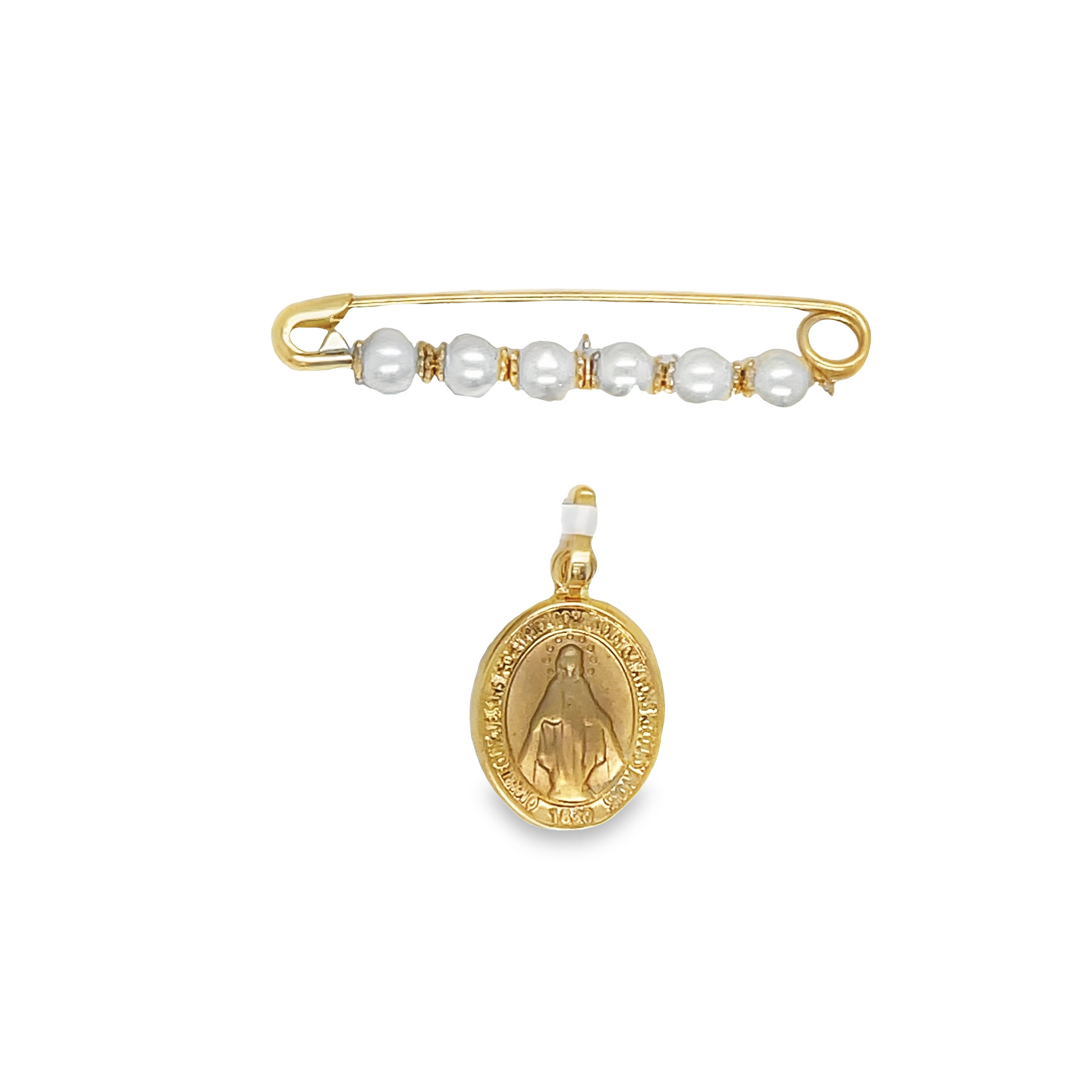 Front view of 14k Gold Pearl Safety Pin with Loop Top view with medallion