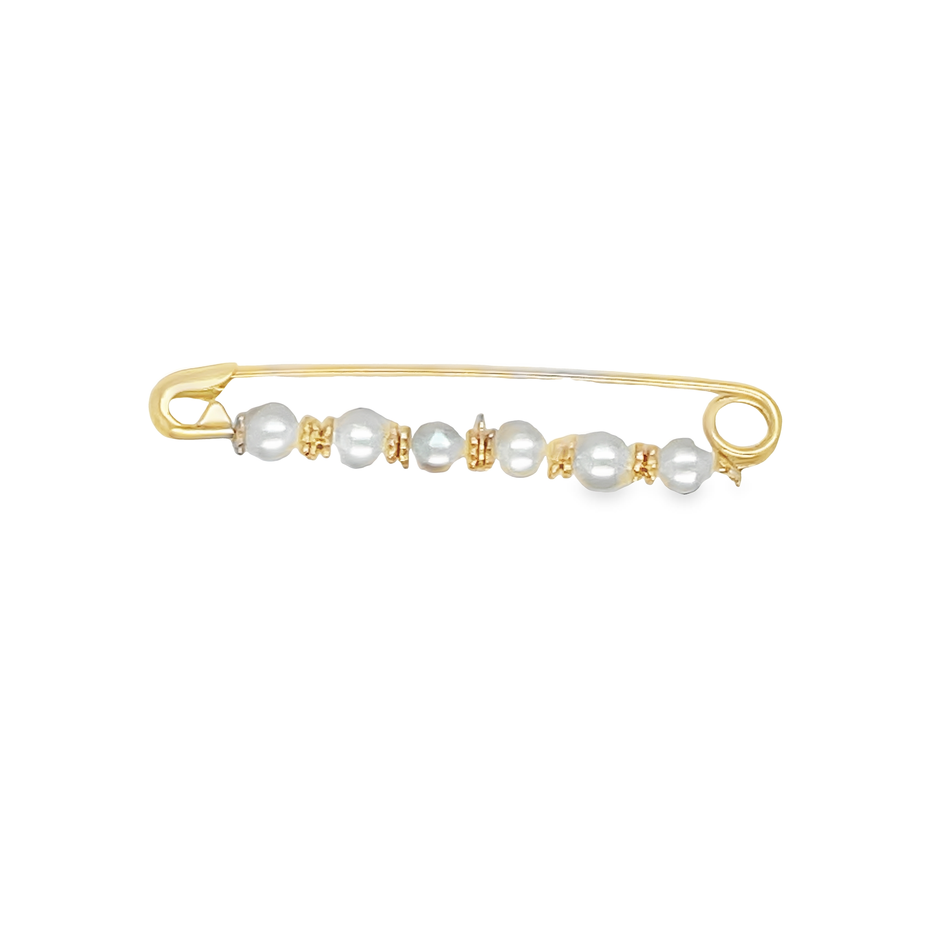 Elevate your style with our Gold Pearl Encrusted Safety Pin with Loop. Made of 14 karat yellow gold and beautiful pearls, this pin not only adds a touch of luxury but also allows for attachable charms, making it both functional and fashionable. Upgrade your everyday look with this elegant accessory.