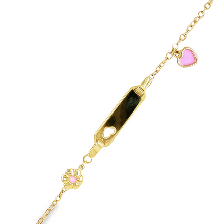 This classic Children's Bracelet is crafted with 14k Yellow Gold and decorated with a cut heart design and a stunning heart & flower charm. The perfect accessory to capture your little one's personality, it's sure to make a lasting impression.
