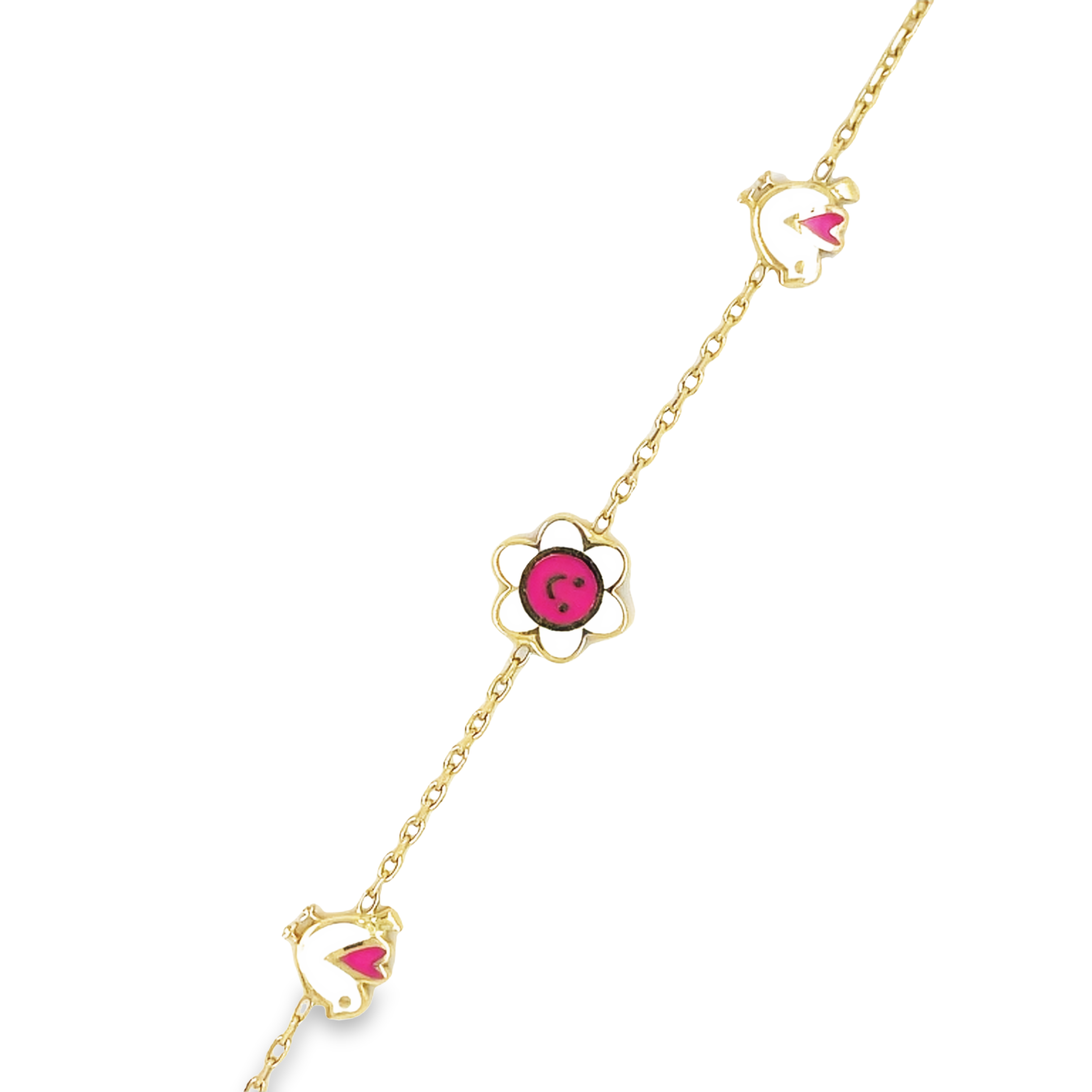 This classic Children's Bracelet is crafted with 14k Yellow Gold and decorated with a flower and birdie charms. The perfect accessory to capture your little one's personality, it's sure to make a lasting impression.