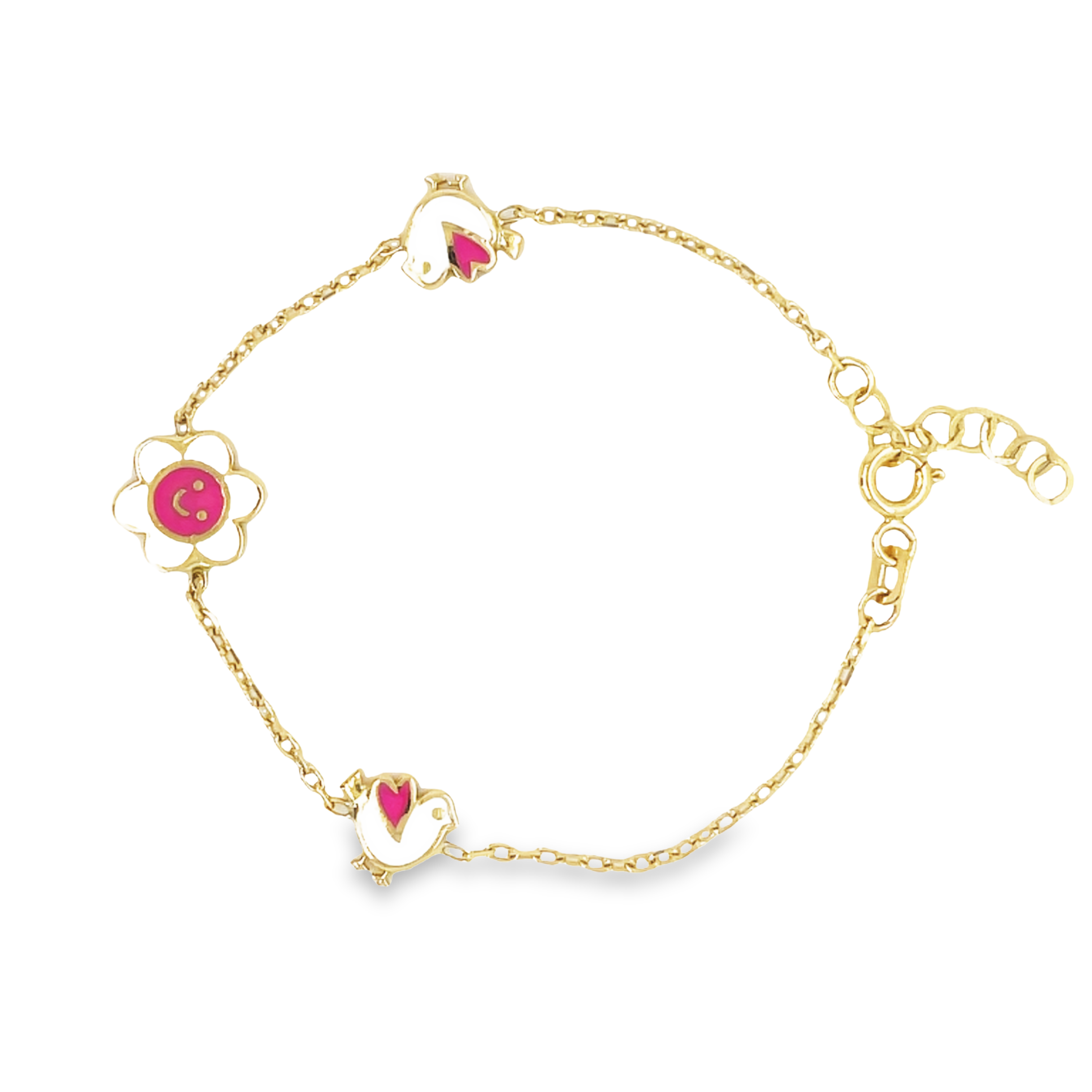 This classic Children's Bracelet is crafted with 14k Yellow Gold and decorated with a flower and birdie charms. The perfect accessory to capture your little one's personality, it's sure to make a lasting impression.