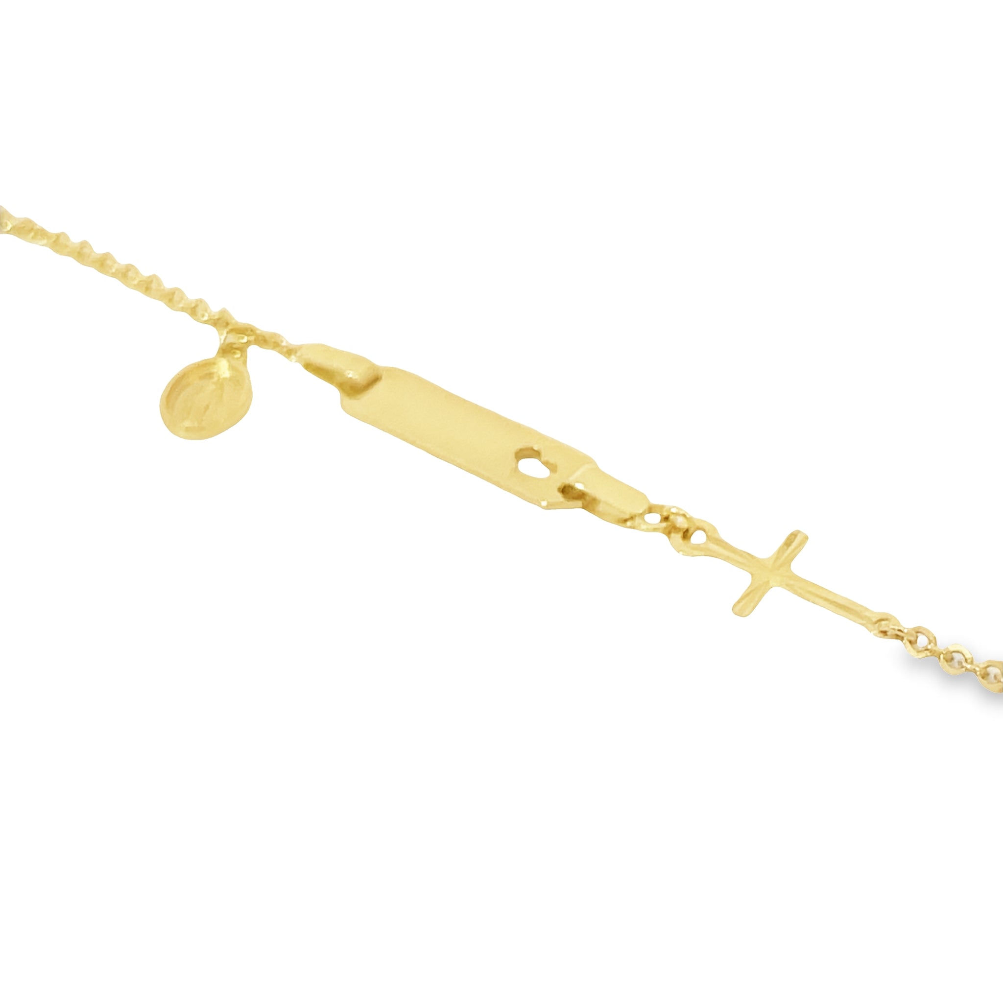 This beautifully crafted 14k yellow gold children's bracelet will make your little one feel special. Features include an elegant ID bar with a heart-cut out for an extra touch of love, a sideways cross and Miraculous Medal charm adding an element of faith. One size fits most children 6" long. Show your love with this beautiful piece!