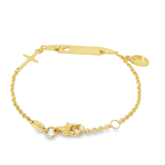 Top view of 14k Yellow Gold ID Cross & Miraculous Medal Children Bracelet