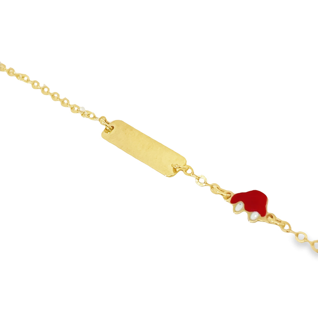 This ID bracelet sparkles with a 14k Italian yellow gold chain, featuring a sophisticated red car charm. Add a touch of sparkle to any child's look with this delicate and stylish 6.5" long bracelet. Show your child how much they mean to you with this timeless and chic accessory.