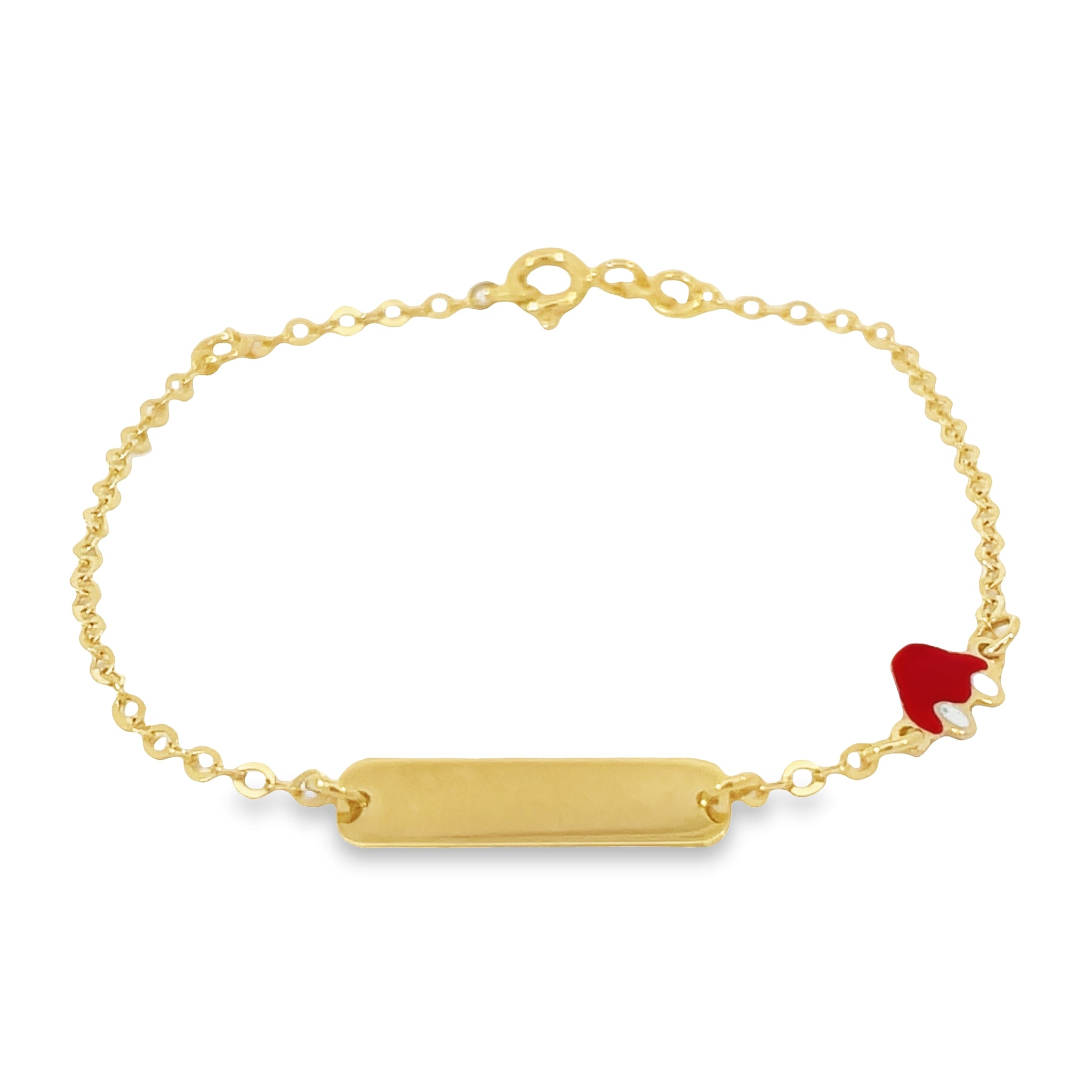 This ID bracelet sparkles with a 14k Italian yellow gold chain, featuring a sophisticated red car charm. Add a touch of sparkle to any child's look with this delicate and stylish 6.5" long bracelet. Show your child how much they mean to you with this timeless and chic accessory.