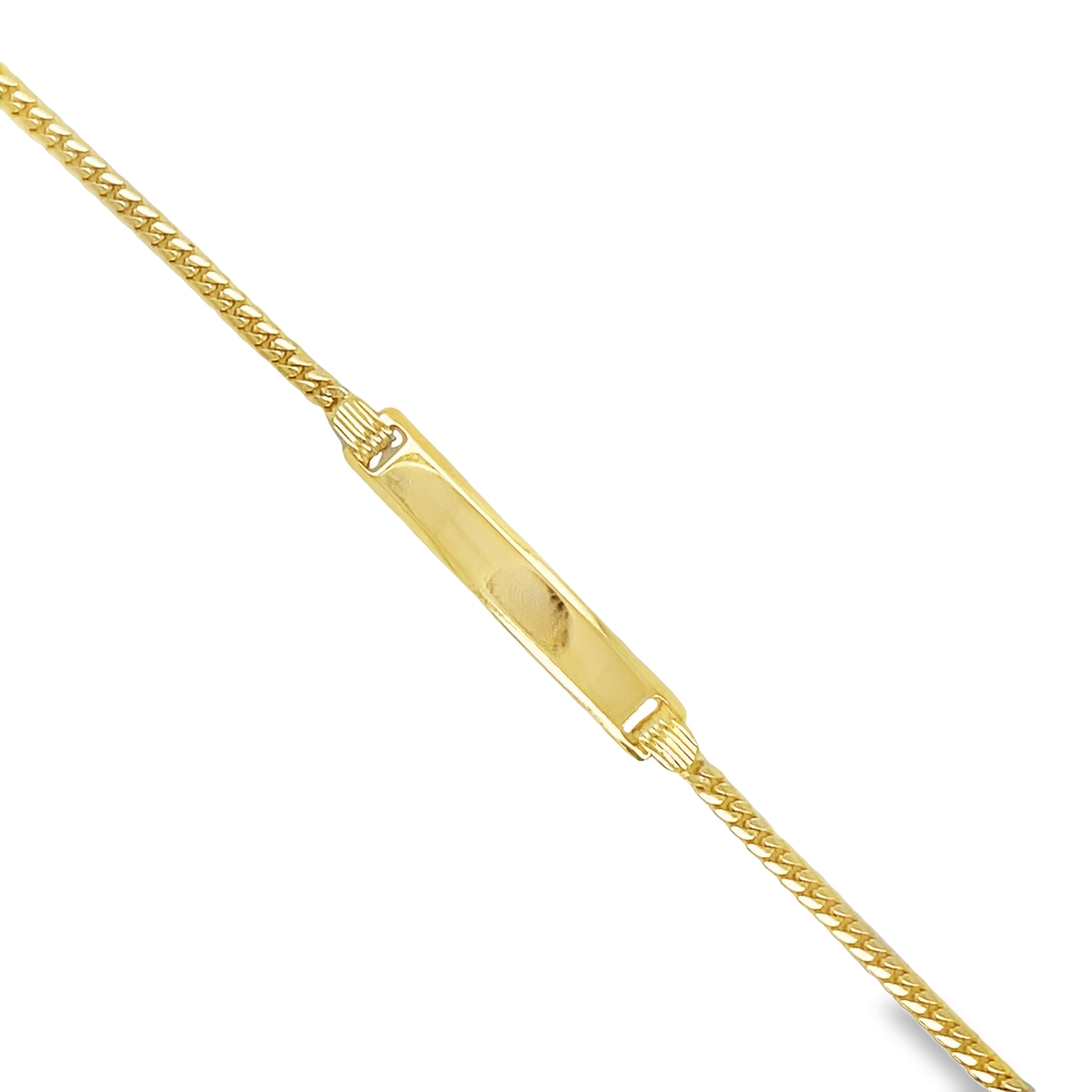 This beautiful 14k yellow gold ID bracelet is the perfect way to keep your child safe. It has a secure lobster catch and is 5.5" long – perfect for little wrists. A small ID completes this stylish look. Let your child sparkle with confidence.