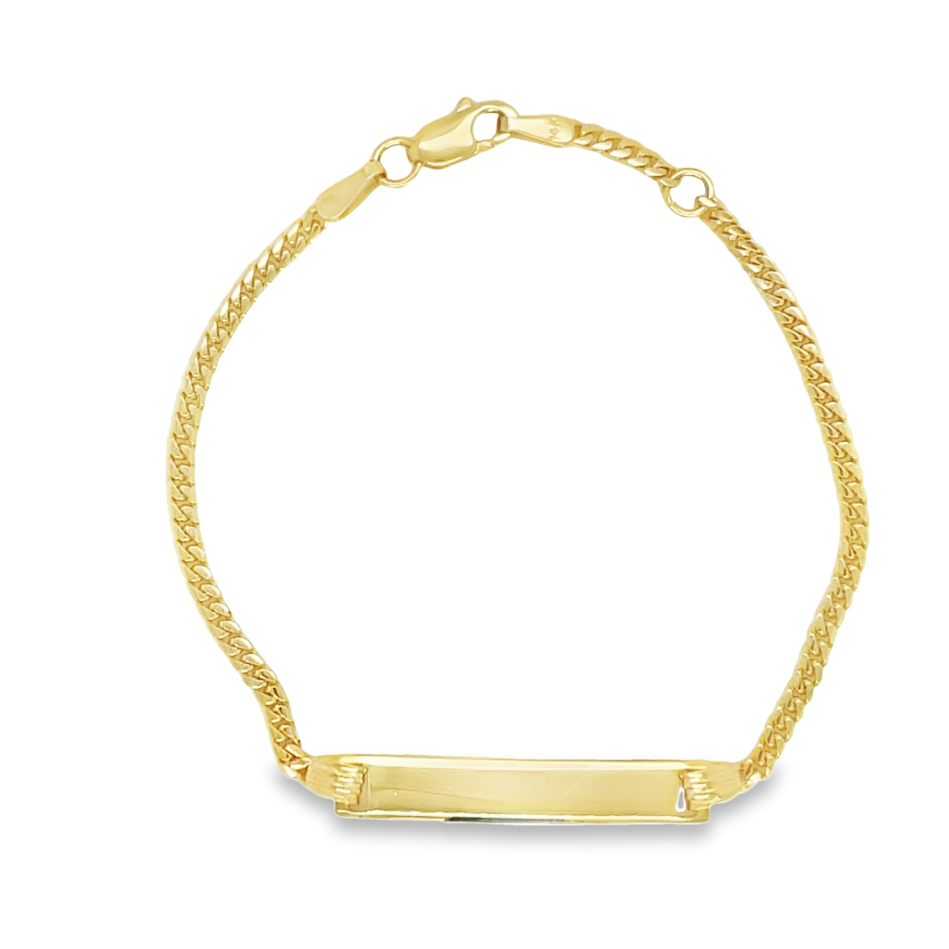 This beautiful 14k yellow gold ID bracelet is the perfect way to keep your child safe. It has a secure lobster catch and is 5.5" long – perfect for little wrists. A small ID completes this stylish look. Let your child sparkle with confidence.
