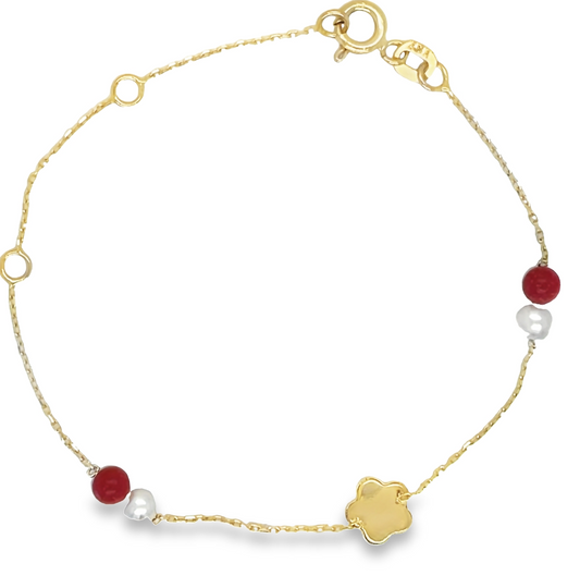 Flower and Pearl Children Bracelet Top view clasp fastened