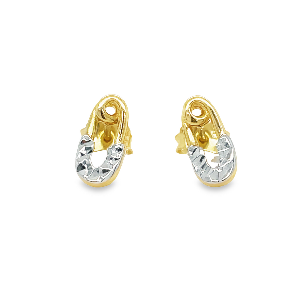 These beautiful 14k two-tone gold earrings have a safety pin design. They are sure to make a statement. Perfect for any occasion, these earrings will instantly elevate your look.10.00 mm size