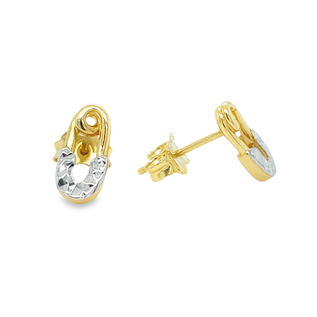 These beautiful 14k two-tone gold earrings have a safety pin design. They are sure to make a statement. Perfect for any occasion, these earrings will instantly elevate your look.10.00 mm size