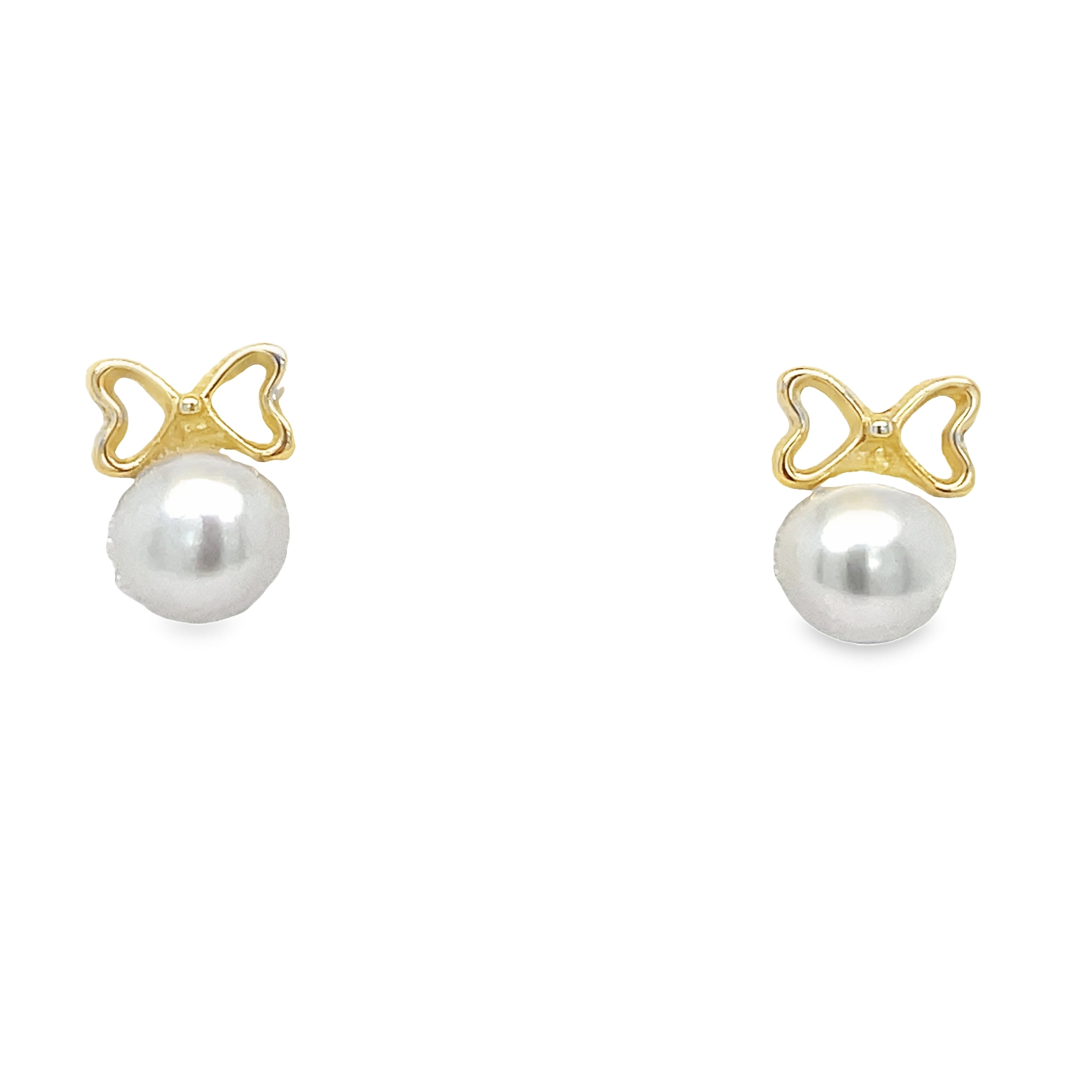 Experience elegance and safety with our 14K Gold Pearl Bow Baby Earrings. Made with 14k yellow gold, these adorable bow-shaped earrings feature a small pearl that adds a touch of sophistication. The secure baby backs ensure that your little one can wear them comfortably without worry.