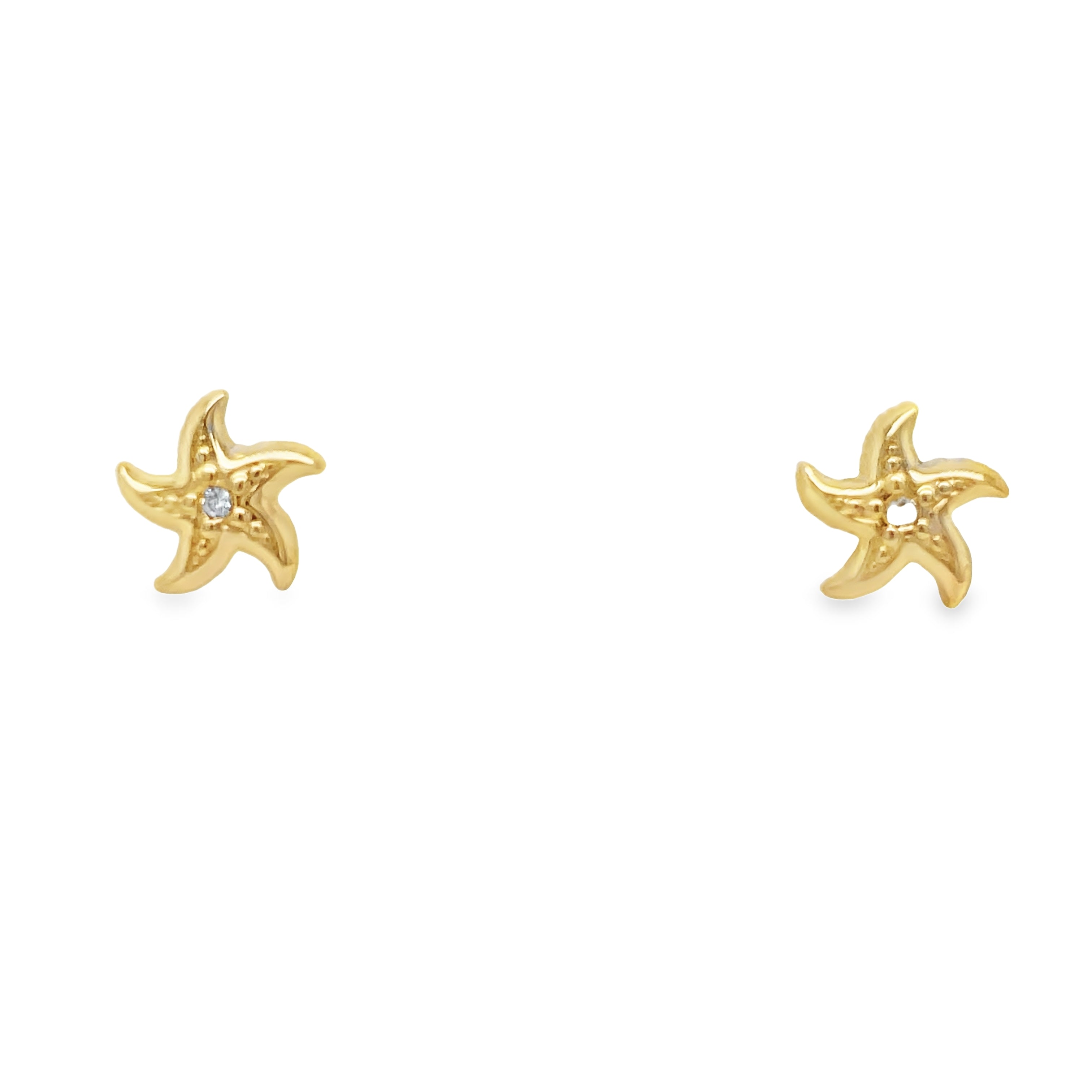 These exquisite flower earrings for babies feature 14k yellow gold construction with star shape securely affixed using baby screw backs.