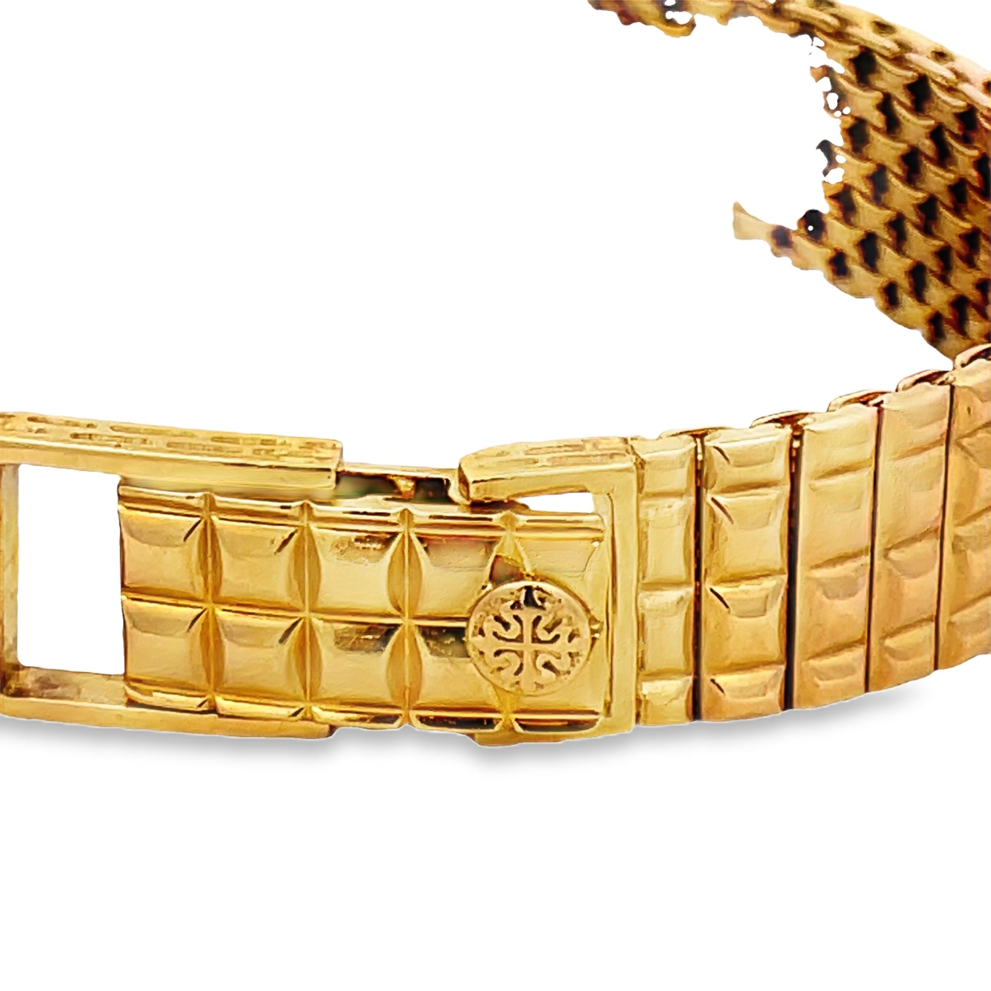 Front view of clasped Estate 18k Yellow Gold Patek Phillipe Calatrava Diamond Watch 