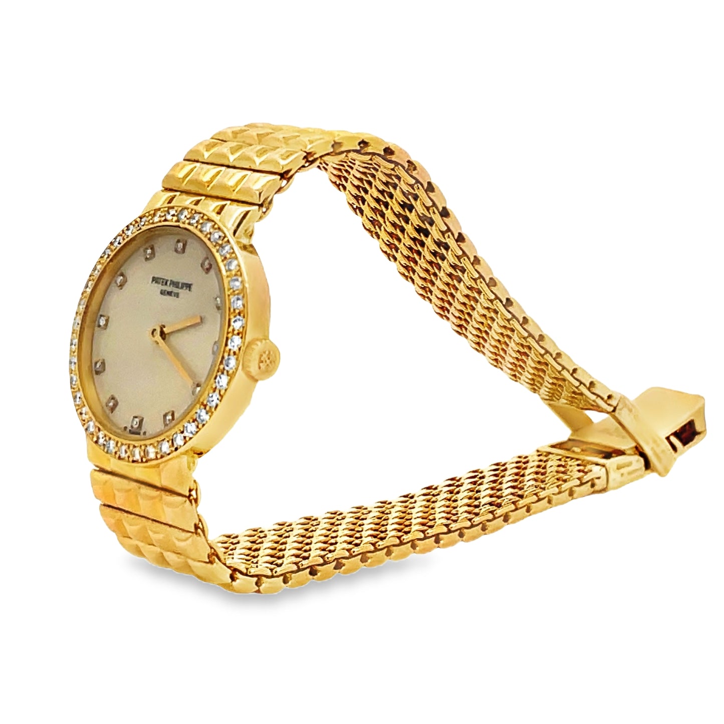 Side view of Estate 18k Yellow Gold Patek Phillipe Calatrava Diamond Watch 