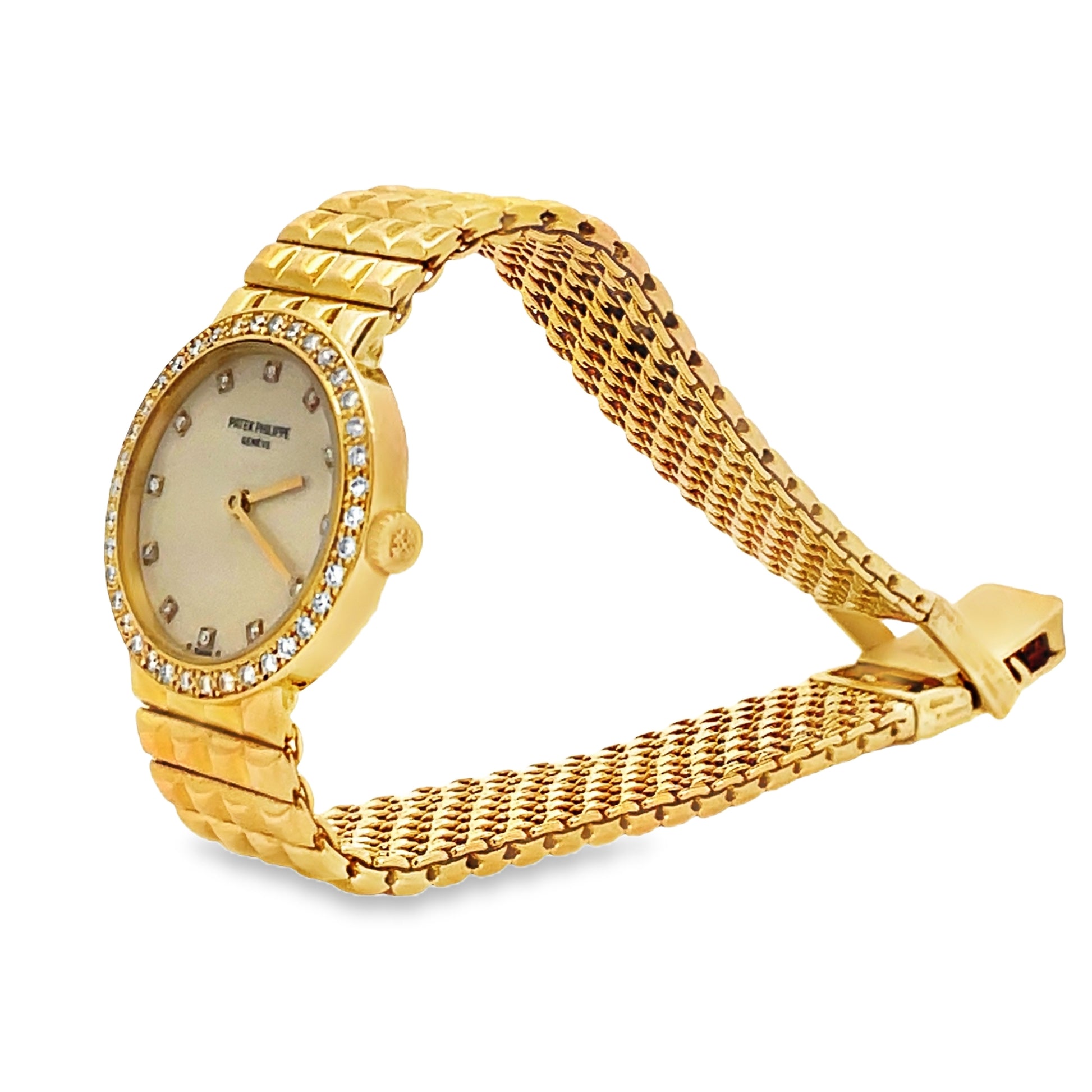 Side view of Estate 18k Yellow Gold Patek Phillipe Calatrava Diamond Watch 