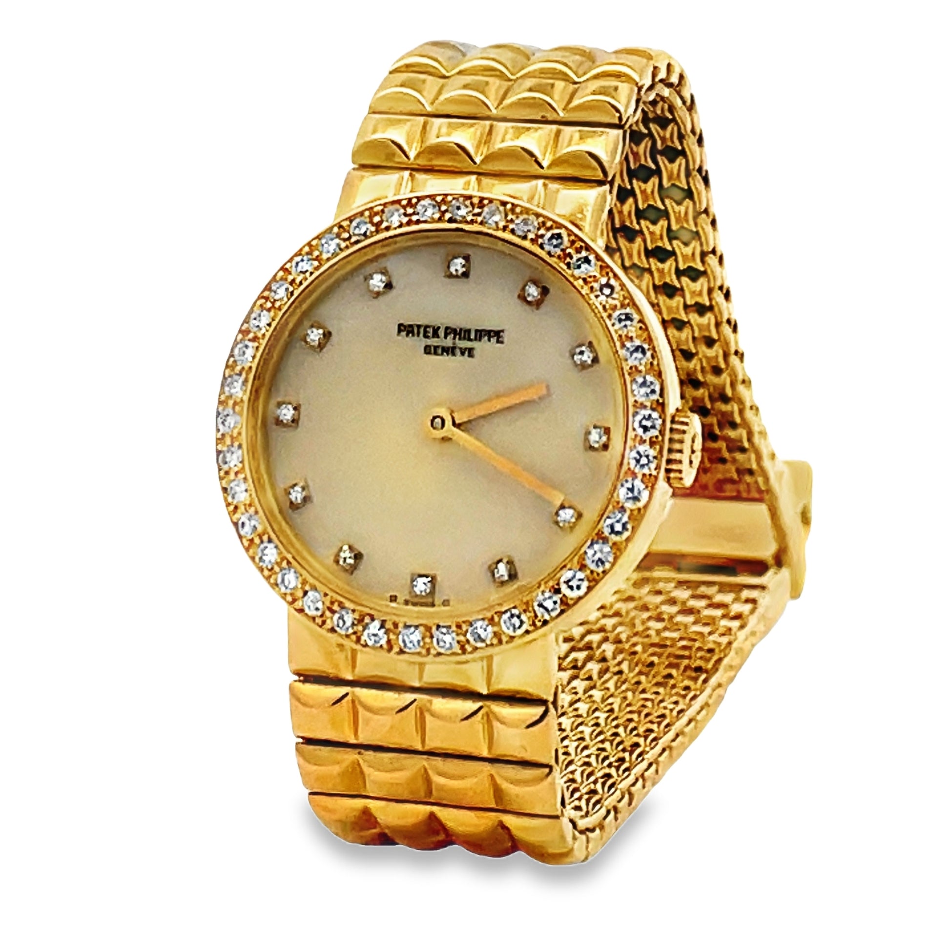 Side view of Estate 18k Yellow Gold Patek Phillipe Calatrava Diamond Watch 