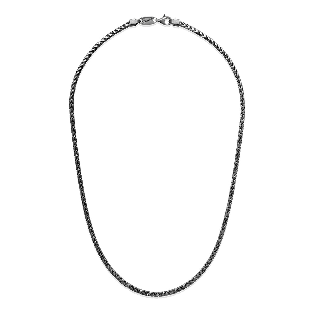 This Italian-made men's necklace features 925 sterling silver with matte finish, with a secured in the lobster catch for added elegance. Crafted to 22" long, this unique silver gunmetal fish bone link chain necklace is a timeless and stylish statement piece.
