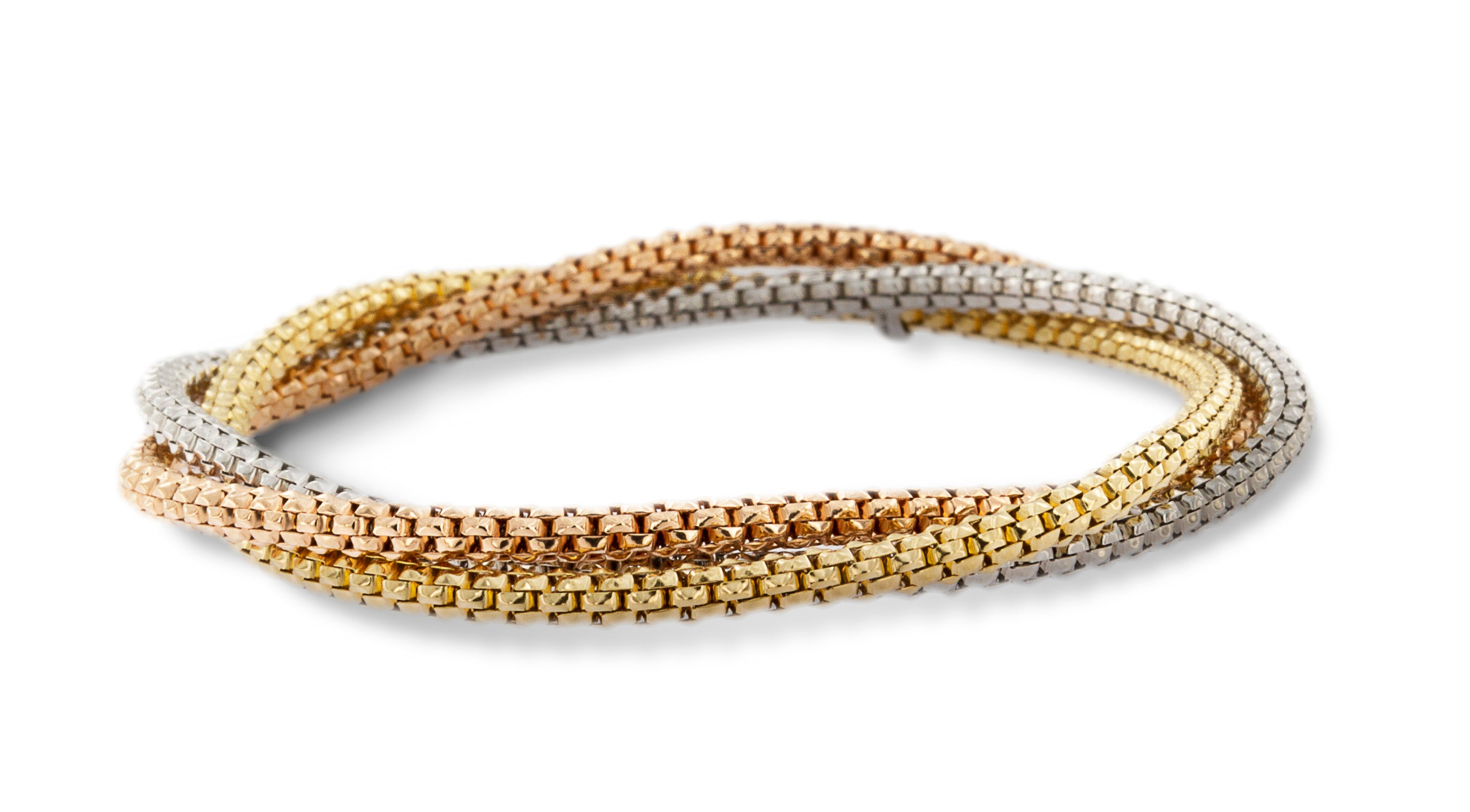 Indulge in luxury with the 18k Italian Gold Bracelet from our Stella Millano Italian Jewelry collection. Crafted with 18k Italian white, rose and yellow gold, this one size fits all stretchable and braided bracelet features 1 white gold solid rondels and a stylish mesh design. Elevate your look with our stunning Rockstar collection.