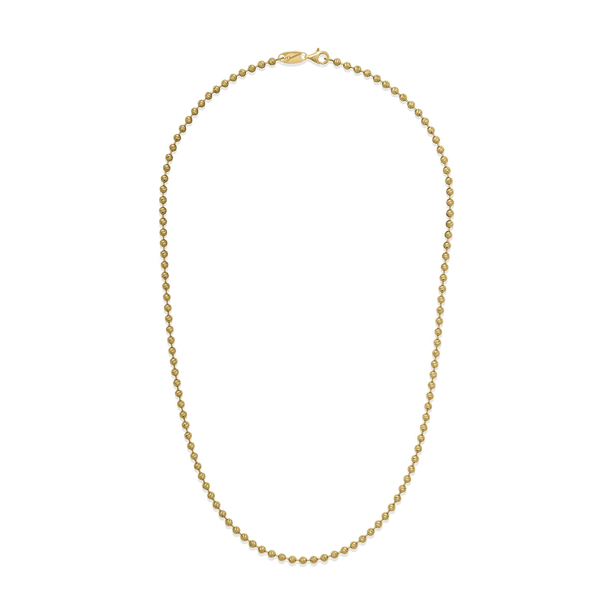 This Desmos Italian collection gold-plated small bead necklace features stylish diamond-cut beads of 3mm and a secure lobster catch. Enjoy the precise design of the necklace, with its 16" length, perfect for adding a sparkle of luxury to any ensemble.