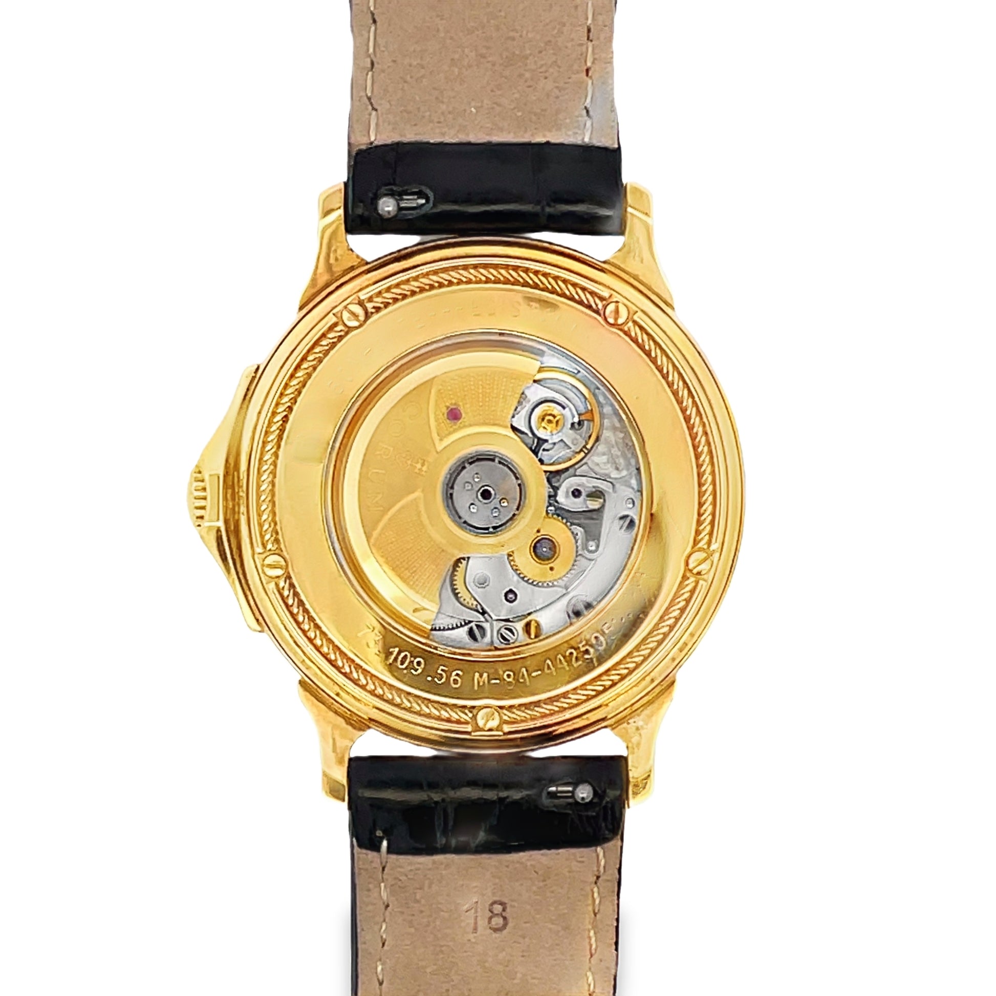 Back view of Estate 18k Yellow Gold Corum Automatic Leather Band Watch 