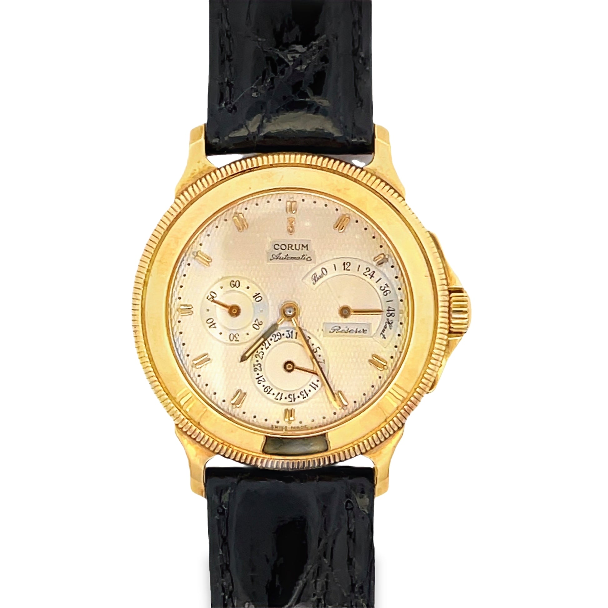 Top view of Estate 18k Yellow Gold Corum Automatic Leather Band Watch 