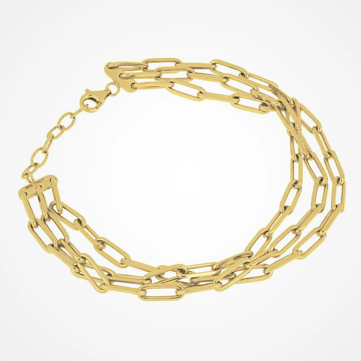 Top view of fastened Italian Made Yellow Gold Plated Triple Paperclip Bracelet