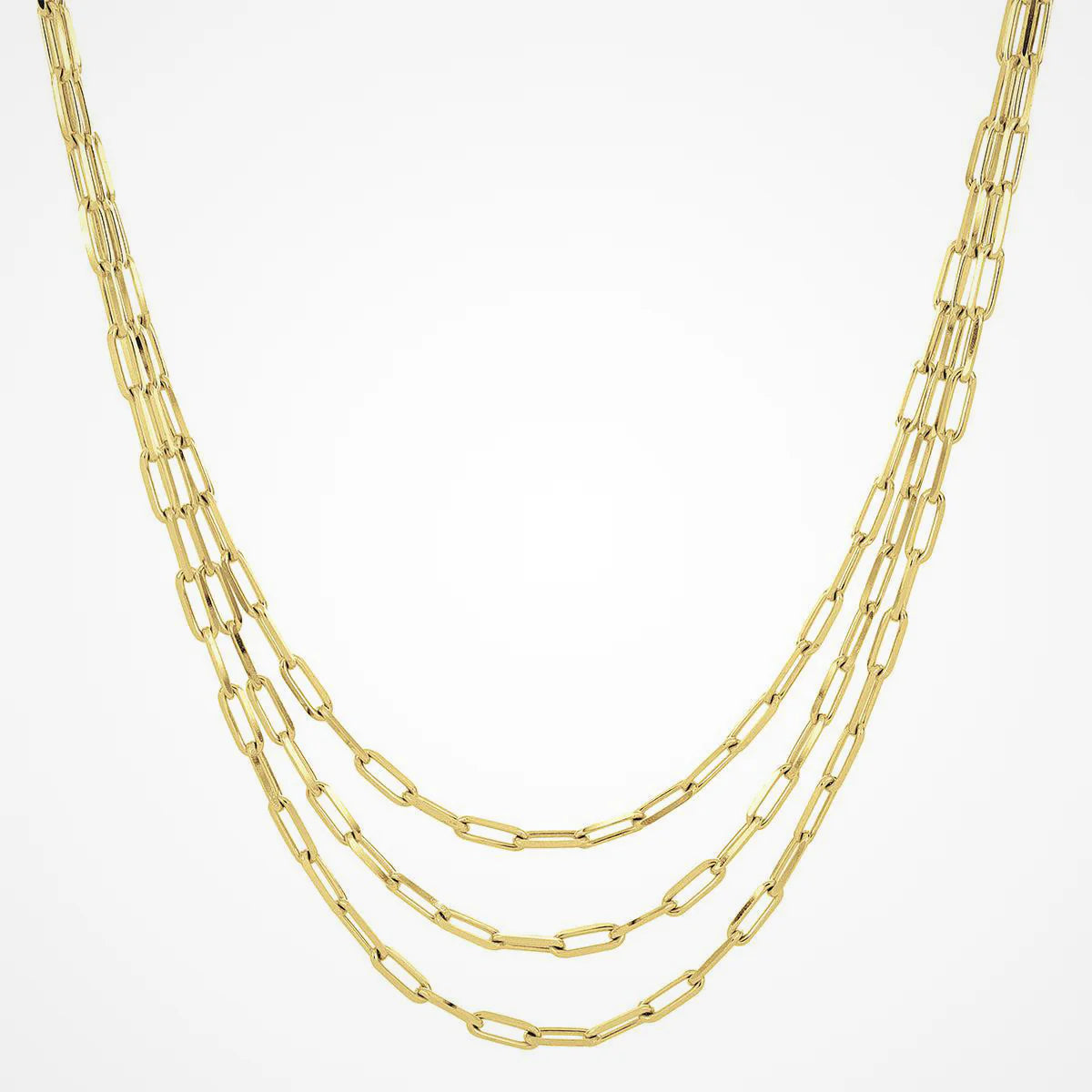 Front view of Italian Made Yellow Gold Plated Triple Paperclip Necklace