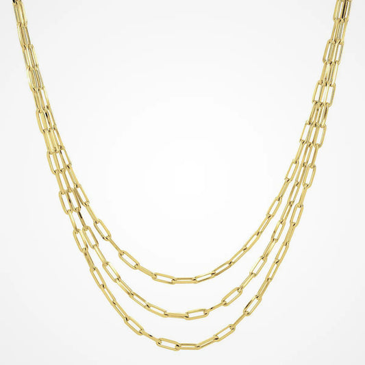 Front view of Italian Made Yellow Gold Plated Triple Paperclip Necklace