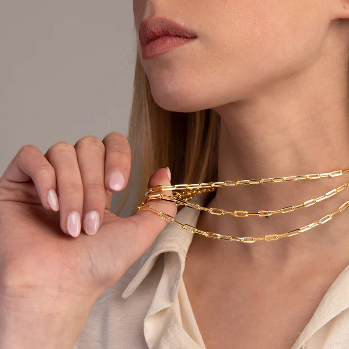 Try on view of Italian Made Yellow Gold Plated Triple Paperclip Necklace
