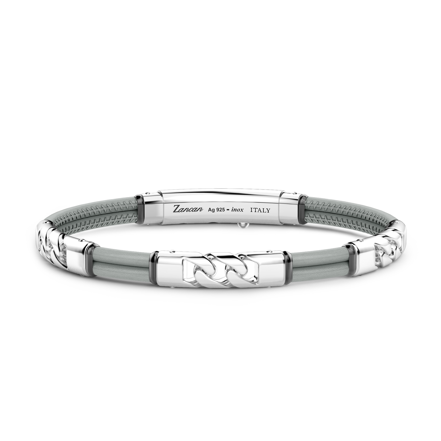 Zancan Sterling Silver Gray Leather Bracelet Top view with clasp fastened