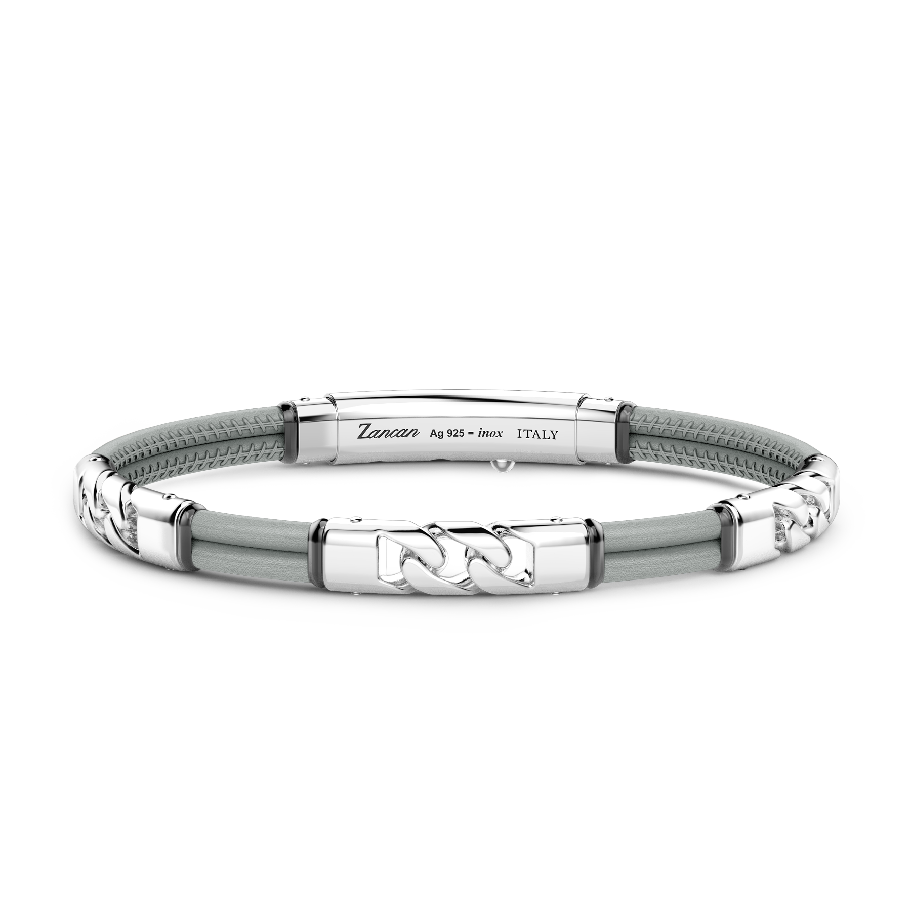 Zancan Sterling Silver Gray Leather Bracelet Top view with clasp fastened