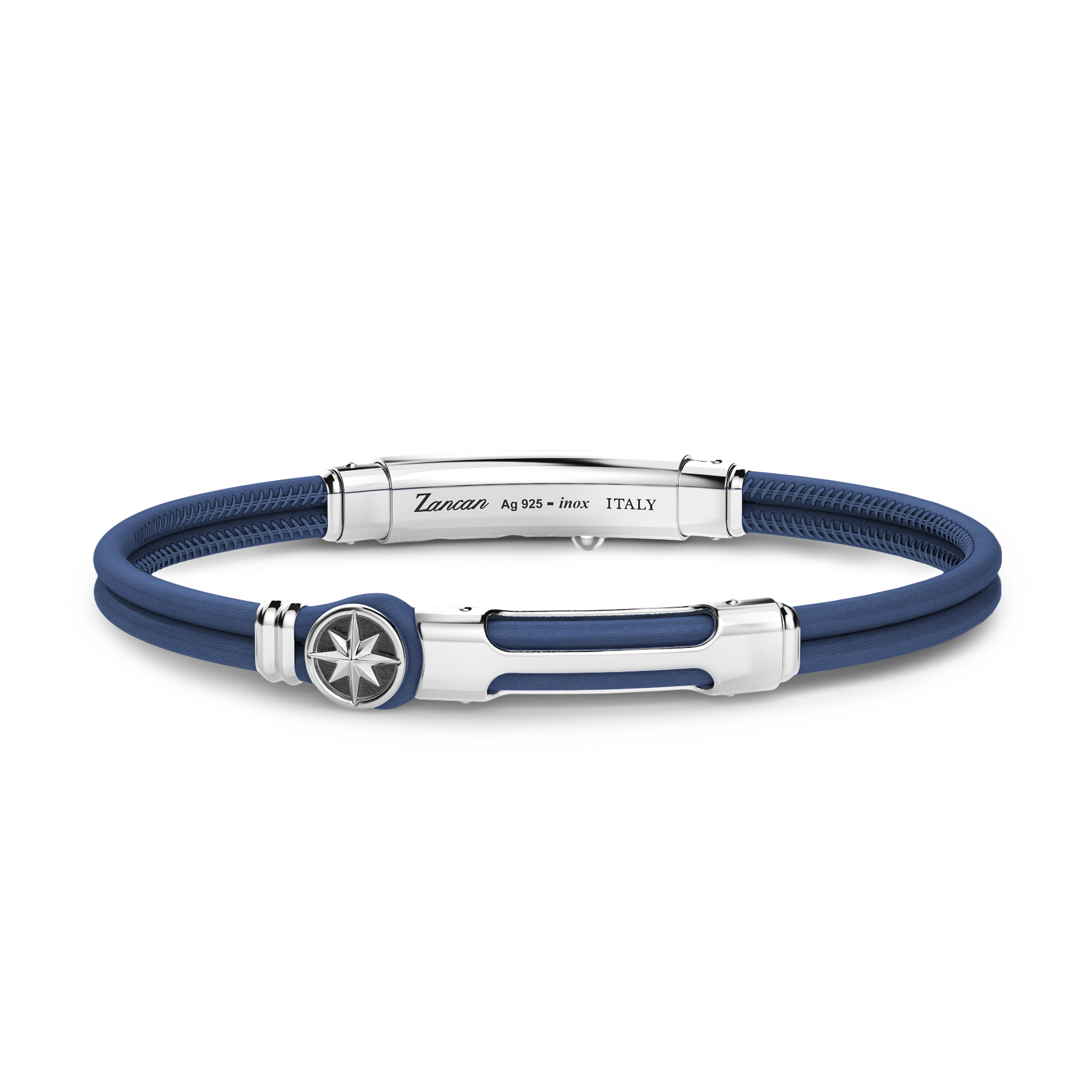 Expertly crafted in Italy, the Zancan Blue Leather Sterling Silver Compass Bracelet features a Compass Rose made of sterling silver with a rhodium coating. The 8" long bracelet is customizable with an adjustable slide lock. Navigate in style with this timeless piece.