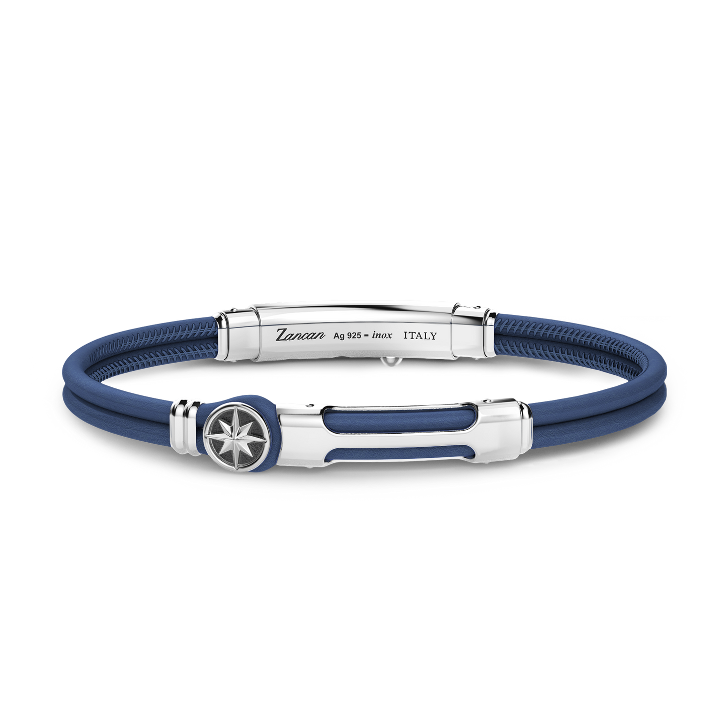 Zancan Blue Leather Sterling Silver Compass Bracelet Top view with clasp fastened