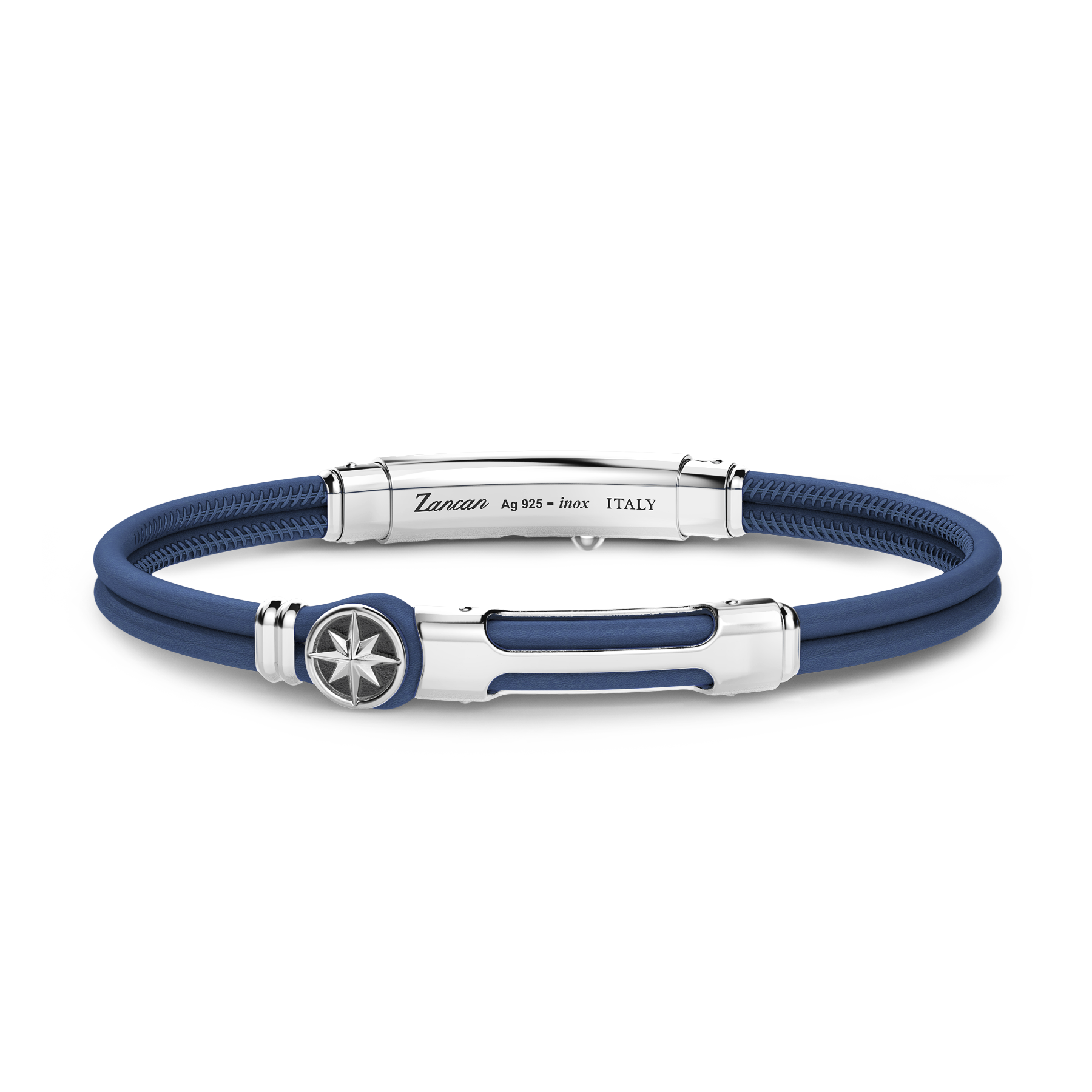 Zancan Blue Leather Sterling Silver Compass Bracelet Top view with clasp fastened