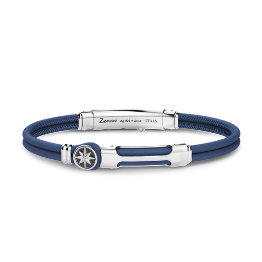 Zancan Blue Leather Sterling Silver Compass Bracelet Top view with clasp fastened