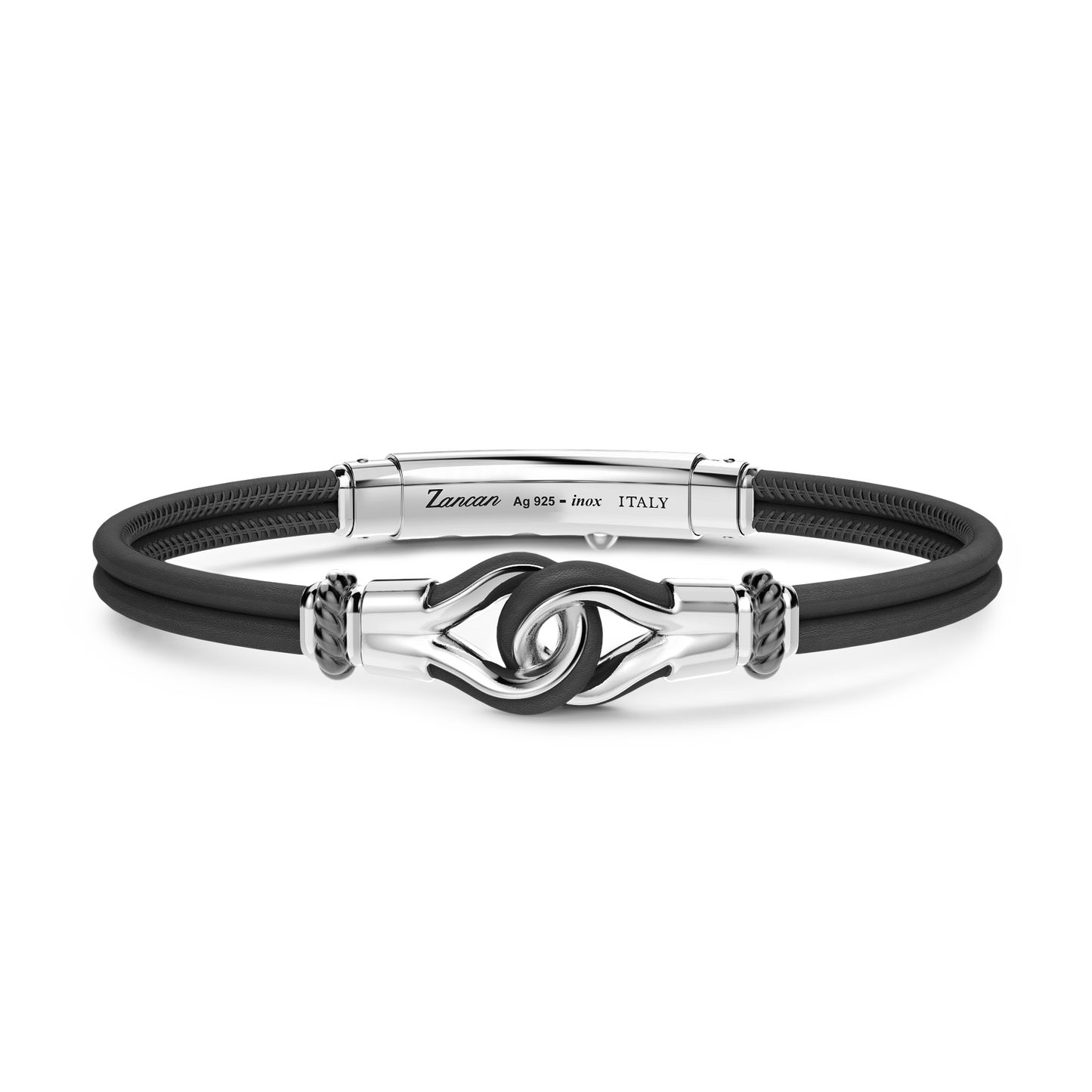 Front view of Zancan Sterling Silver Nautical Knot in Black Leather Bracelet