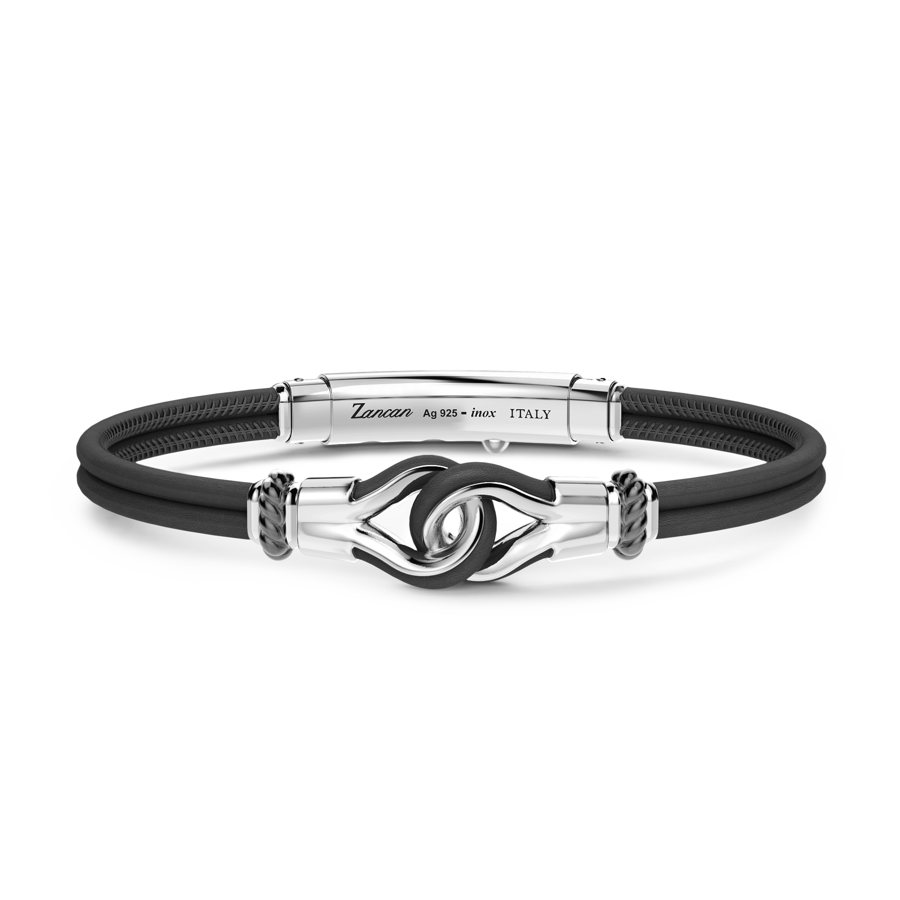 Front view of Zancan Sterling Silver Nautical Knot in Black Leather Bracelet