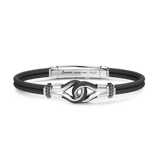 Front view of Zancan Sterling Silver Nautical Knot in Black Leather Bracelet