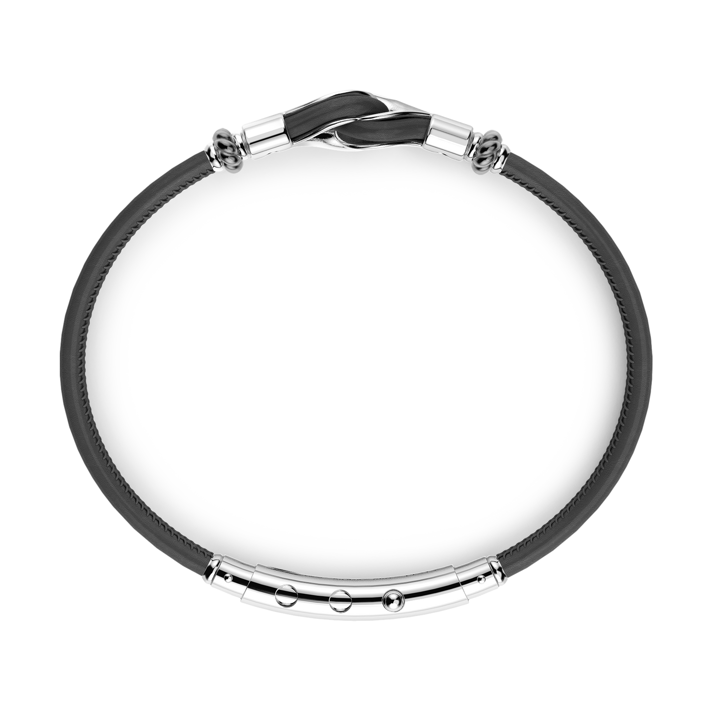 Expertly crafted in Italy, the Zancan Black Leather Sterling Silver Bracelet features a 2" nautical knot of sterling silver with a rhodium coating. The 8" long bracelet is customizable with an adjustable slide lock. Navigate in style with this timeless piece.
