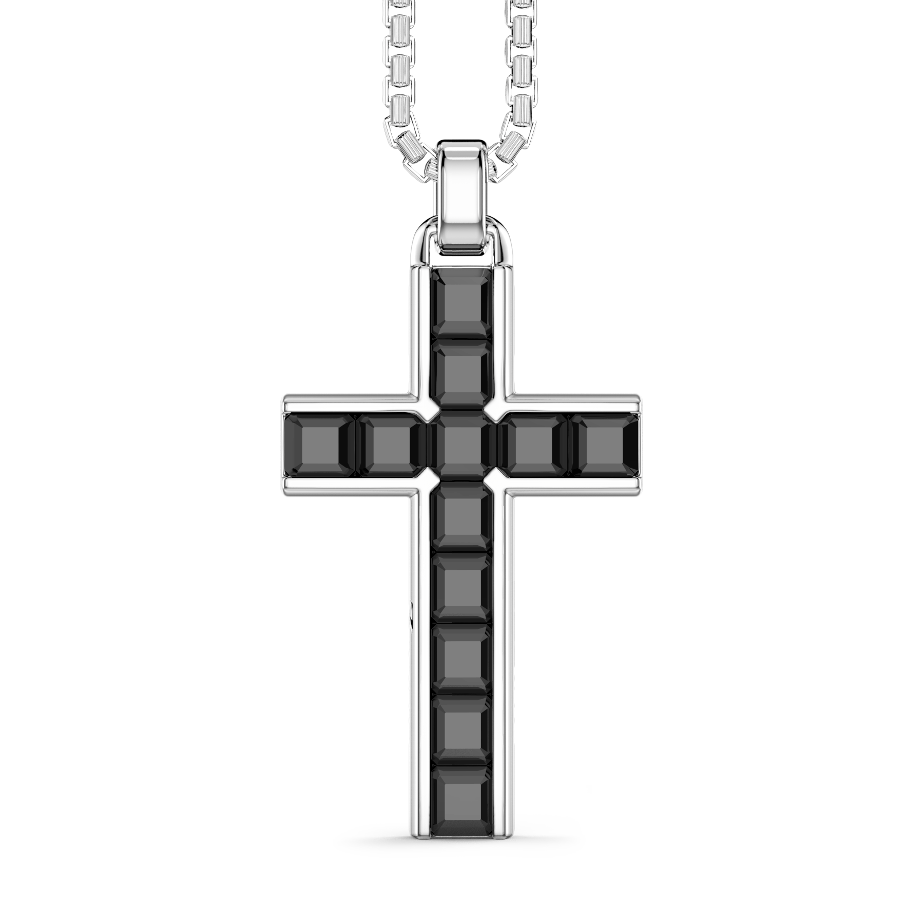 This Italian made cross pendant features a unique 1.5" cross having princess cut spinel gems. The round byzantine link adds an extra touch of elegance. Show your faith with style and sophistication.