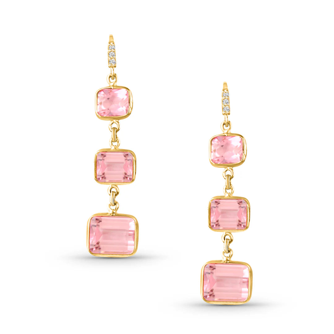 Upgrade your jewelry collection with these exquisite Pink Tourmaline and Diamond Drop Earrings. The 17.05 cts pink tourmaline, in a square cushion shape, is set in elegant 18k yellow gold and accentuated by sparkling round diamonds. Perfect for any occasion, these 1 1/4 size earrings exude luxury and sophistication.