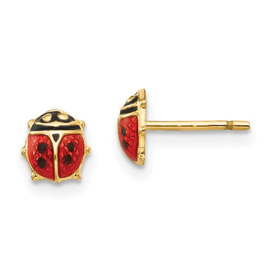 Front view of 14k Yellow Gold Enamel Ladybug Children Earrings