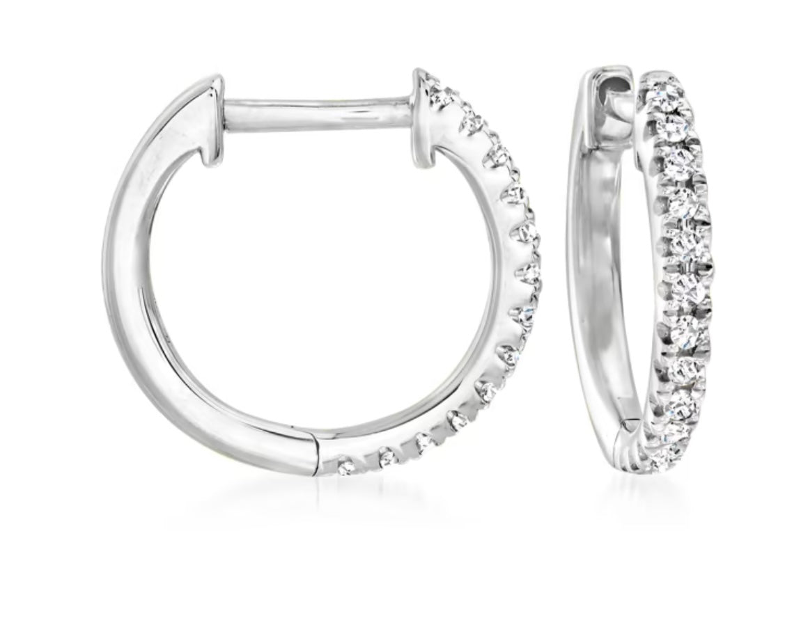 Front and side view of Diamond Huggie Hoop White Gold Earrings 0.15 cts