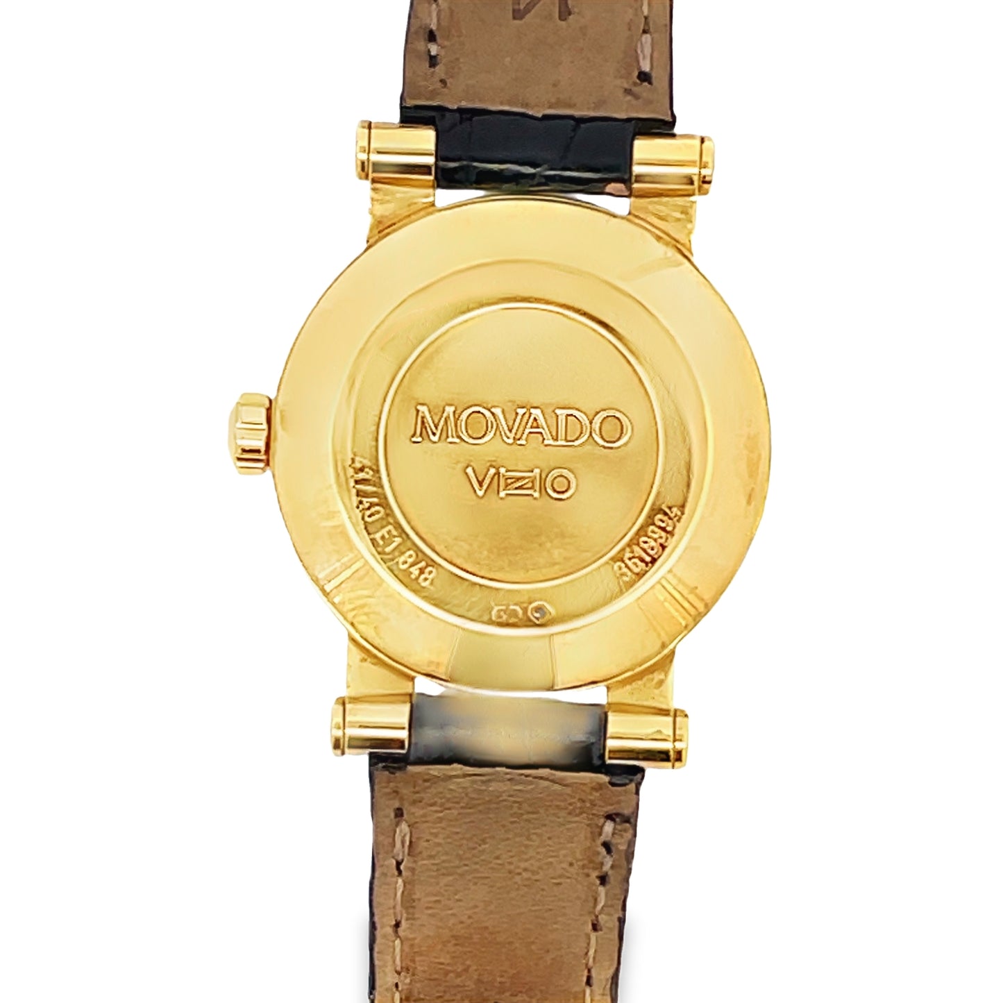 Back view of Estate Ladies 18k Yellow Gold and Diamond Vizio Leather Band Watch