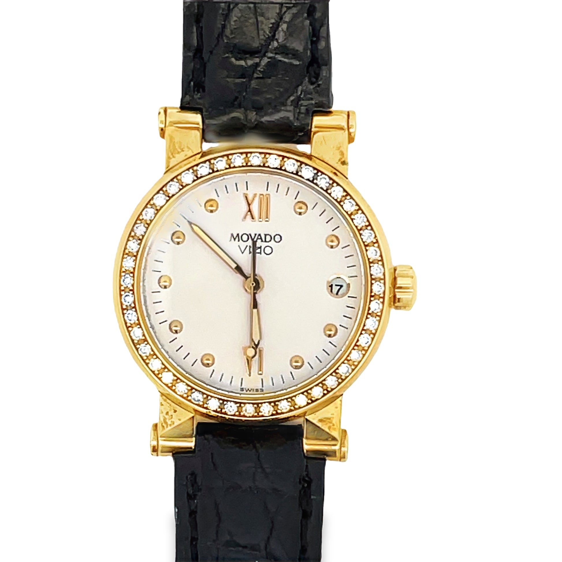 Front view of Estate Ladies 18k Yellow Gold and Diamond Vizio Leather Band Watch