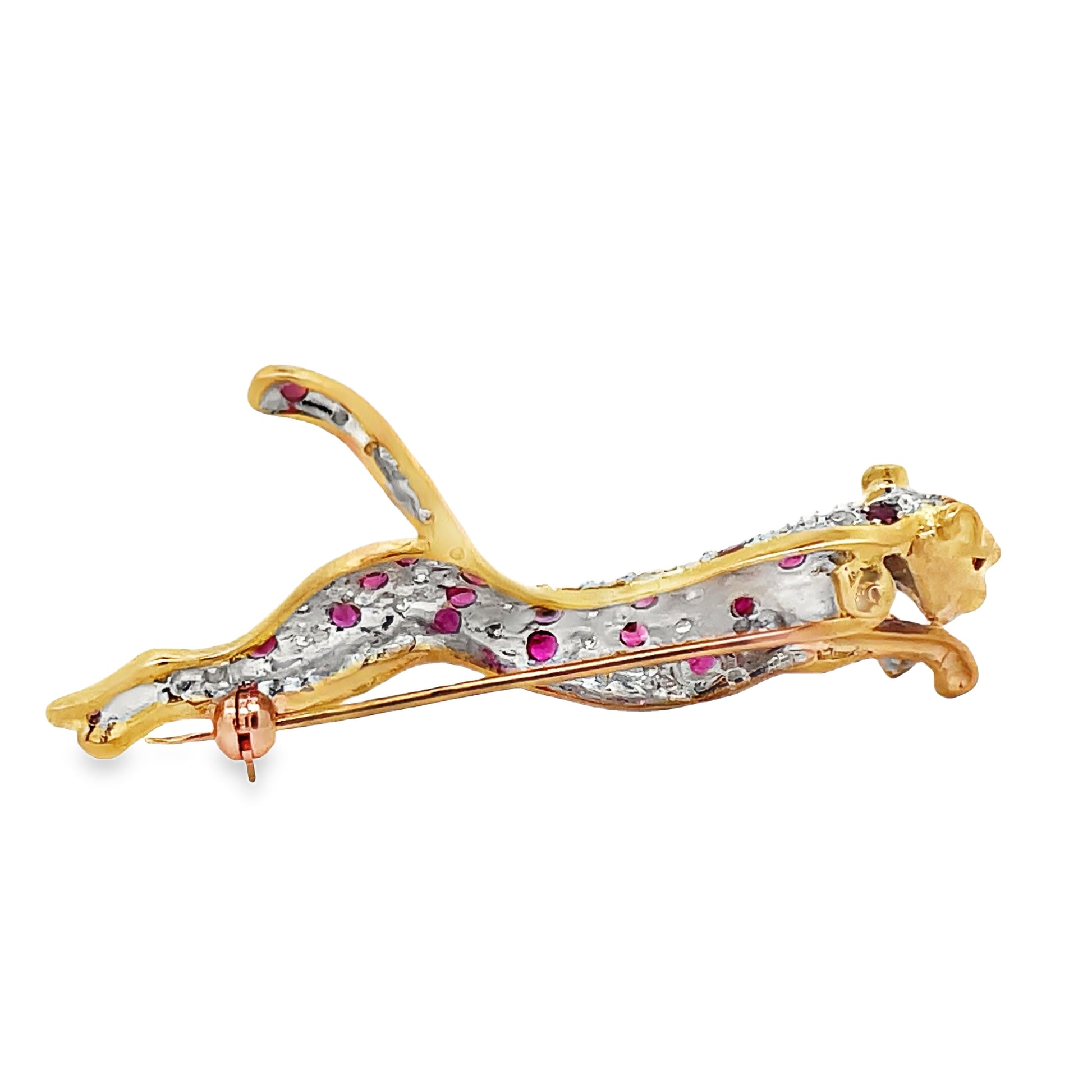 Back view of Estate Collection 14k Yellow Gold Ruby and Diamond Panther Brooch 