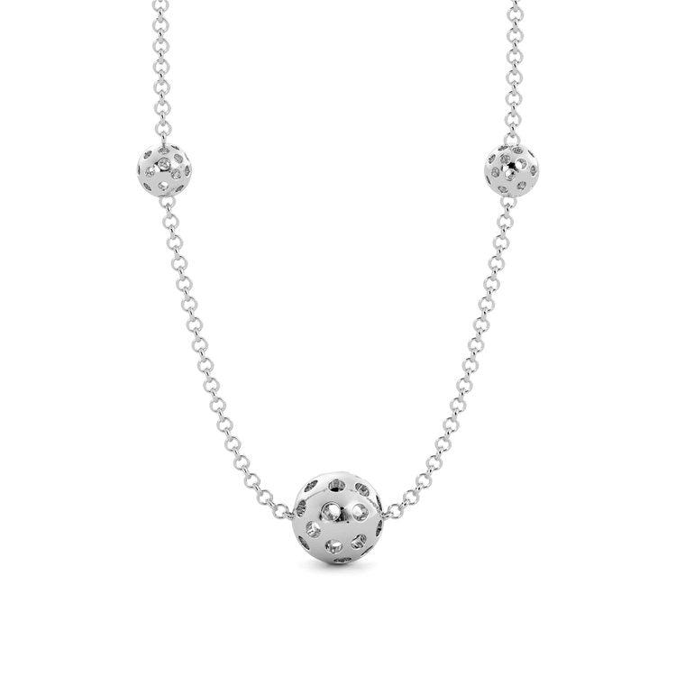 A perfect gift for the pickleball enthusiast, this beautiful sterling silver necklace is sure to delight. Show your love for the sport with three pickleballs set in a 18" long chain. Score style points while supporting the game you know and love!